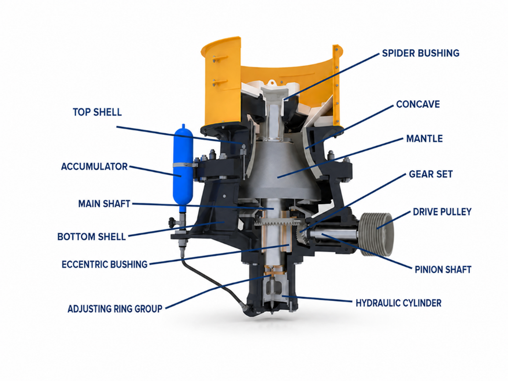Figure 1 — Single-cylinder hydraulic cone crusher: cross-section and main components.
