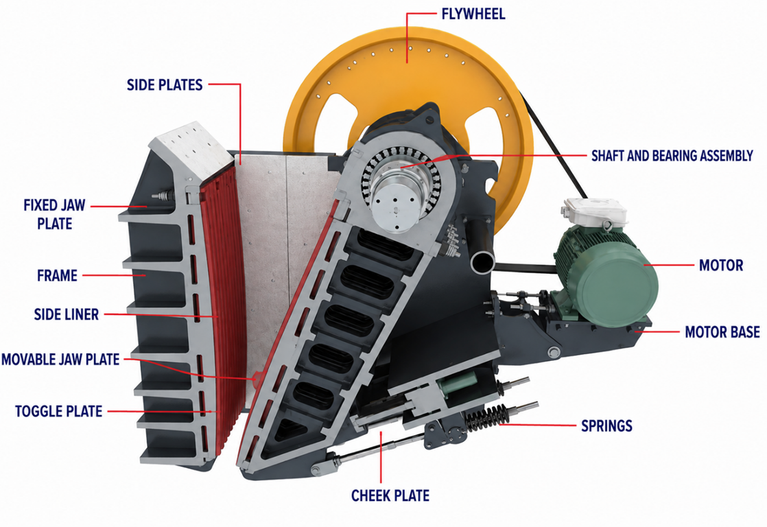 Figure 2 — Single toggle jaw crusher cross-section and main components (MEKA)