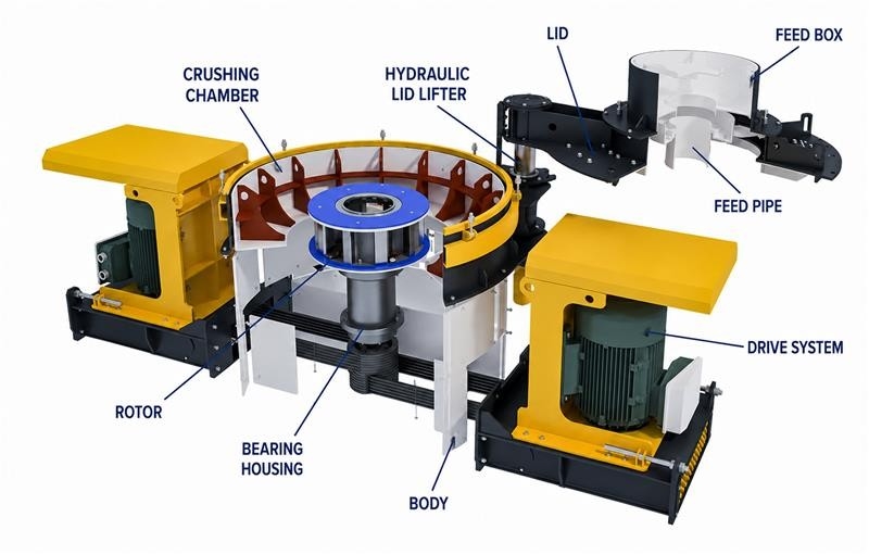 Figure 4 — Main components of a tertiary vertical shaft impact crusher.