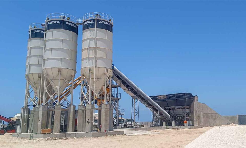 MEKA K160 Stationary Concrete Batching Plant three-silo configuration in Libya