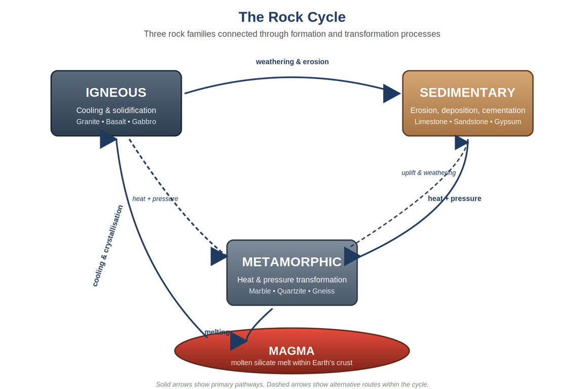 Figure 1. The rock cycle: three families connected by formation and transformation processes.
